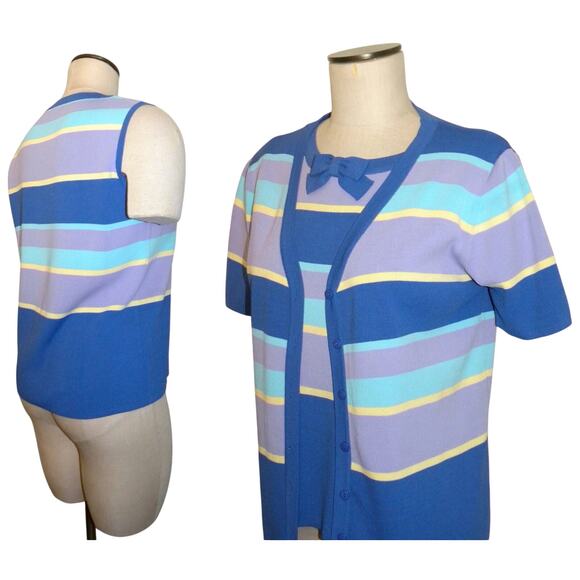 Vintage Tank & Cardigan | Bow Pastel Bright Stripes | Twin Set S - Picture 4 of 10